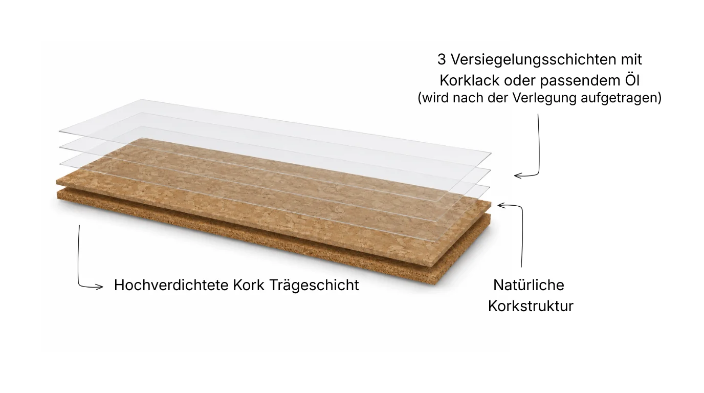 Schichtaufbau Klebekork: Trägeschicht, natürliche Korkstruktur und 3 Versiegelungsschichten