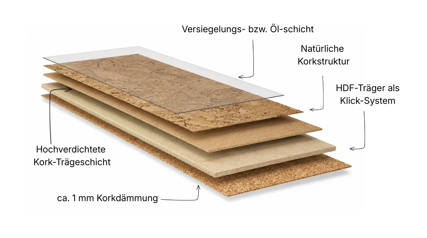 Schichtaufbau Klick-Kork: Korkdämmung, HDF-Träger mit Klicksystem, natürliche Korkstruktur und Versiegelungsschicht